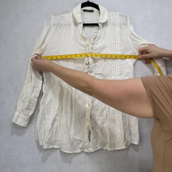 Paper Lace Shirt Womens Small White Linen Button Front Long Sleeve Ruffle Top - Picture 3 of 12